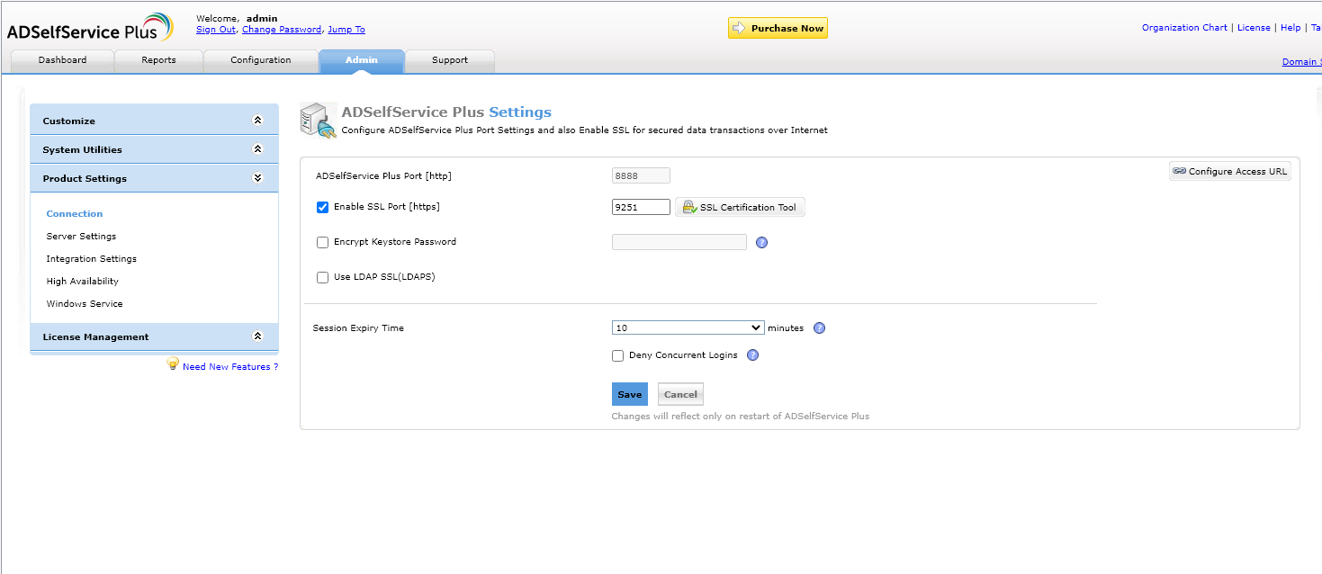 ManageEngine ADSelfService Plus admin panel